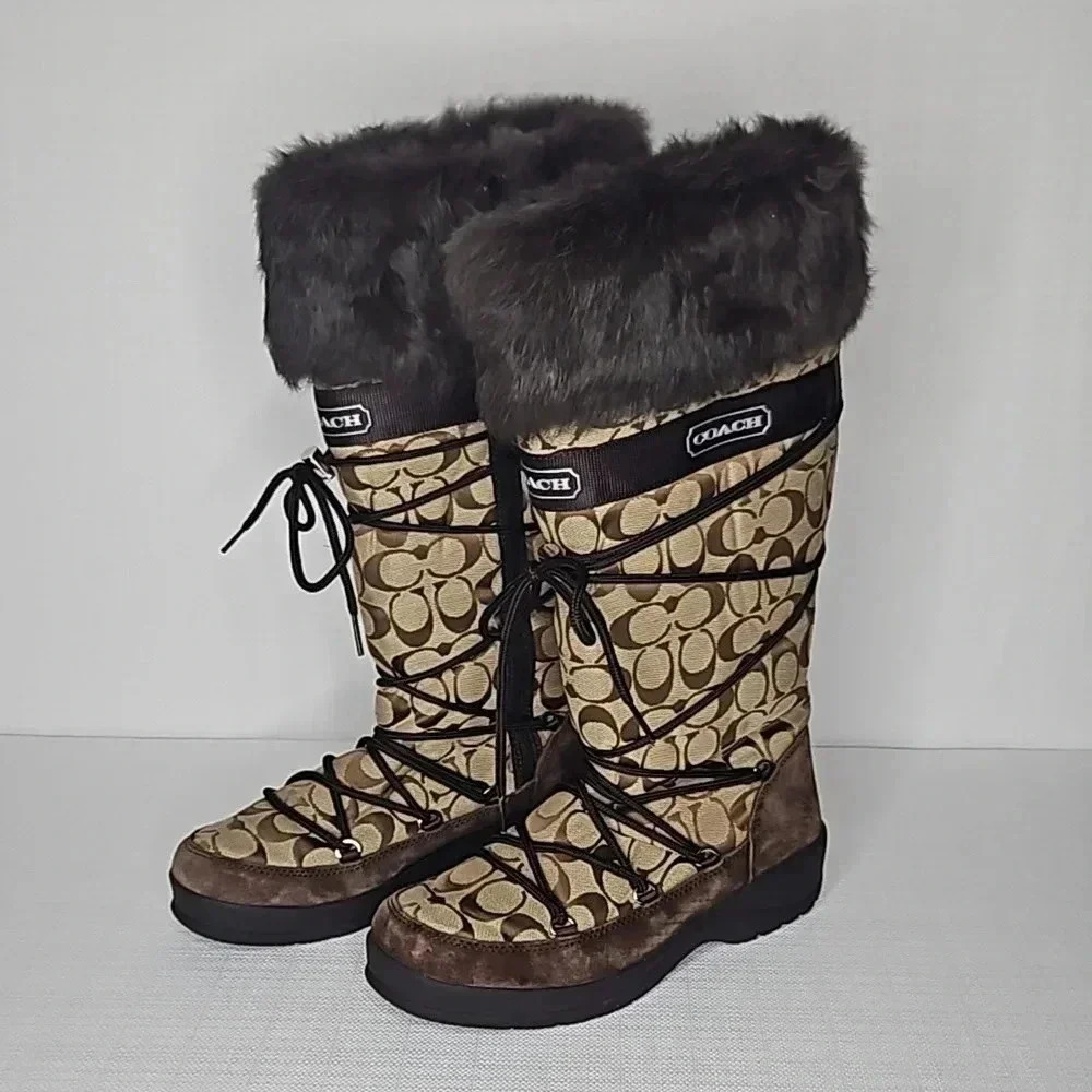 Coach Women's Designer Leighann Snow Boots with Fur Trim Brown Size 9
